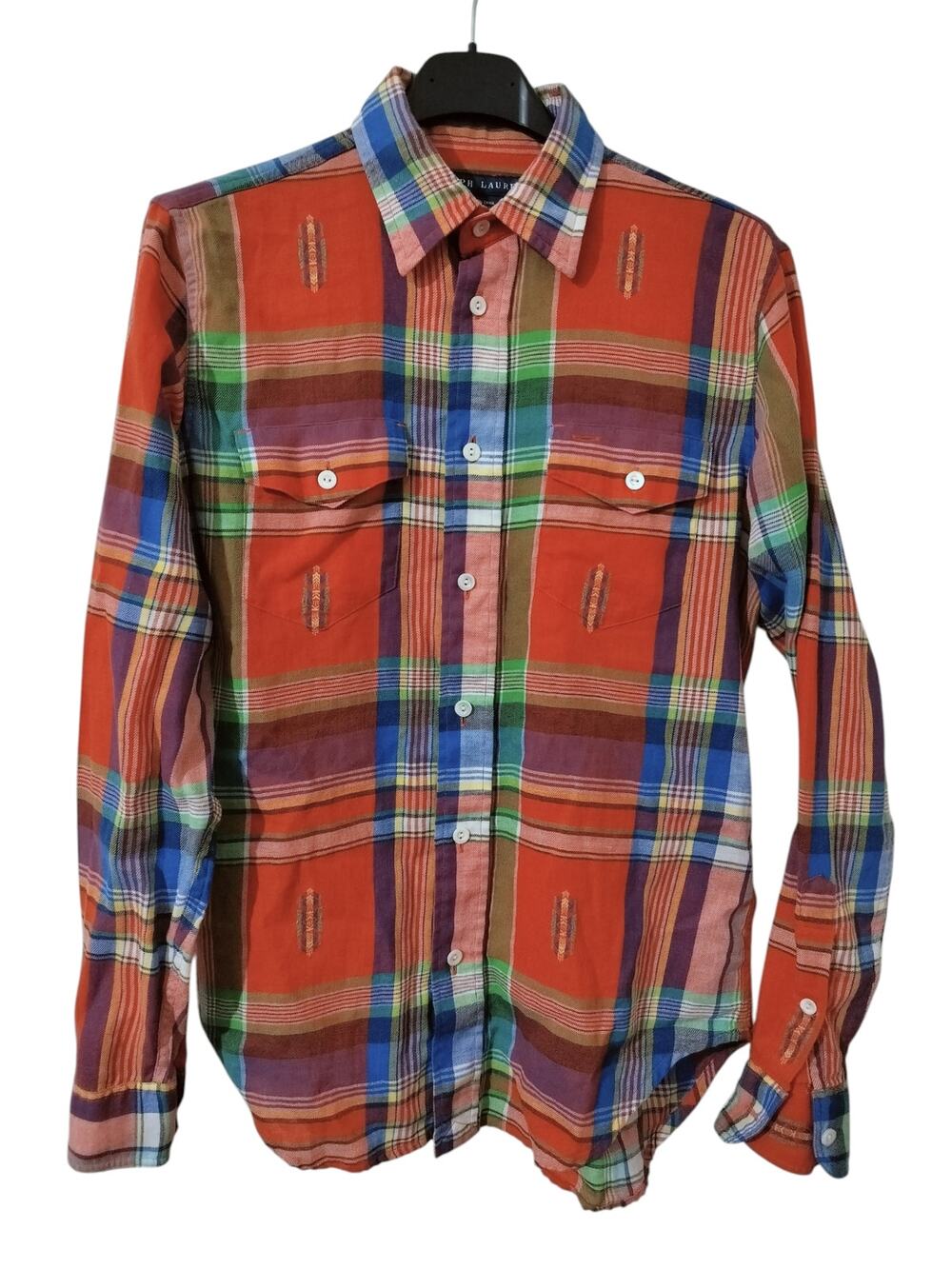 5812)Ralph Lauren Cotton Llinen 4 Vibrant Plaid Multicolor Button Up Preppy Top